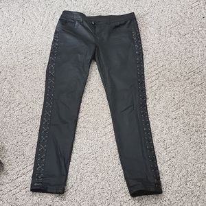 Cache skinny black lightweight leather-like pant with cross-stitch side detail